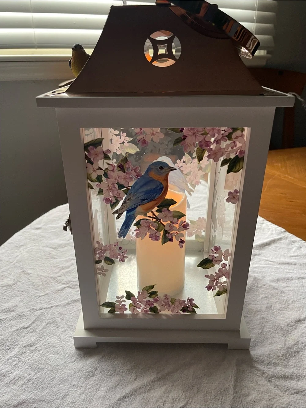 White & Copper Bird Memorial Lantern Decorative Cabinet with Floral Glass